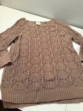 Open-Stitch Scoop Neck Sweater in Taupe